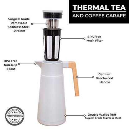 Thermal Coffee Carafe 68 Oz - Stainless Steel Insulated with Tea Infuser | Keeps Hot 12 Hours, Double Walled Vacuum, German Beechwood Handle, BPA-Free, 2 Liter Beverage Dispenser Thermos, Gray - color: Gray
