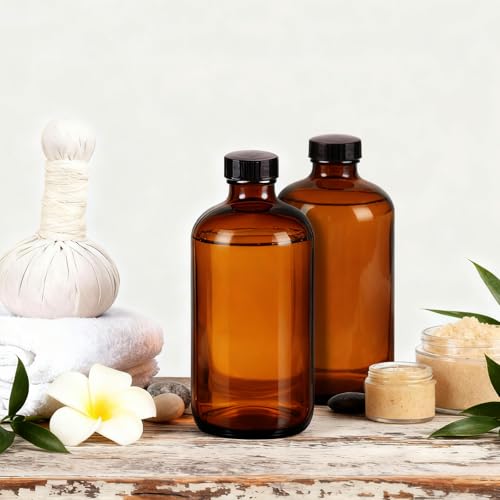 16 OZ Glass Bottles with Lids, 12 Pack Amber Boston Round kombucha Sample Bottles with Black Caps Perfect Glass Containers for Secondary Fermentation,Storing condiment,Homemade Essential Oils,kitchen - color: 12P Amber