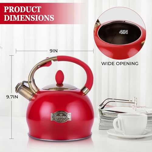 SUSTEAS Stove Top Whistling Tea Kettle - Food Grade Stainless Steel Teakettle Teapot with Cool Touch Ergonomic Handle, With 1 Silicone Pinch Mitt Included, 2.64 Quart(RED) - color: Red