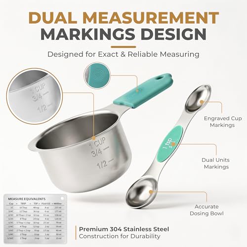 DIYORA Magnetic Measuring Cups and Spoons Set, 13-Piece 304 Stainless Steel Measuring Set with Leveler, Mini Whisk, Conversion Chart, Double-Sided Spoons for Baking and Cooking