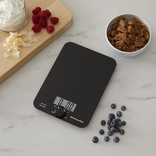 KitchenAid KQ914BA Digital Glass Top Kitchen and Food Scale, 11 lb Capacity, Measures Liquid & Dry Ingredients, Rotating Knob, Precise Results for Baking, Cooking, Keto and Meal Prep, Tare, Black - color: Black