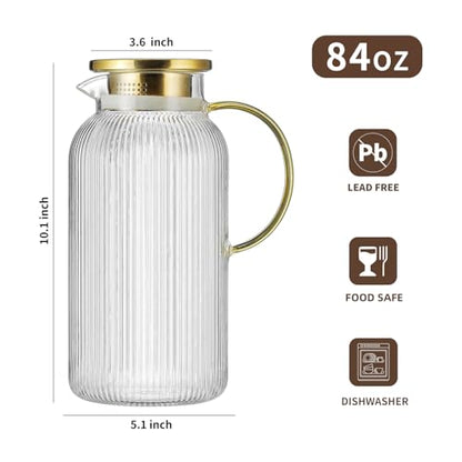 Buaic Glass Pitcher with Lid, 84oz/2.5 Liter Classic Vertical Stripes Water Pitcher,Glass Water Carafe for Cold Brew, Coffee, Lemonade, Iced Sun Tea,Beverage, Milk, Heat Resistant - color: Clear, size: 2.5L-1 PACK
