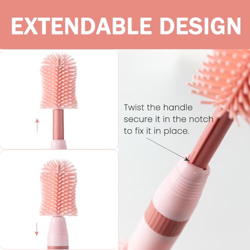 Travel Bottle Brush, 6-in-1 Portable Travel Bottle Cleaner Kit with Small Bottle Brush Built in Drying Rack, Nipple Brush, Straw Brush, Soap Dispenser, for Baby Bottles Under 8 OZ, BPA-Free(Pink) - color: Pink