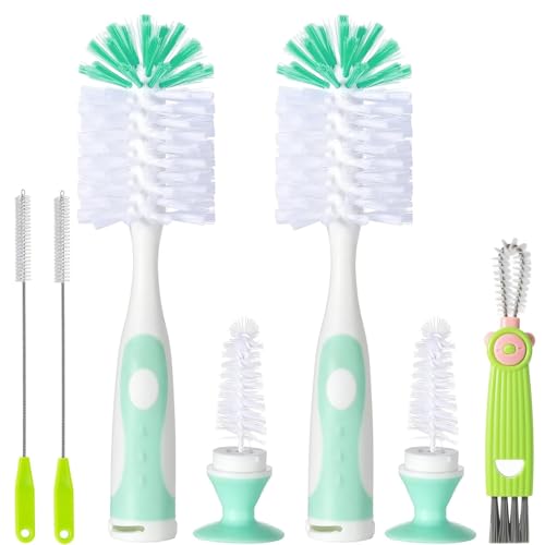 Baby Bottle Brush Set, 2Pcs Nylon Bottle Brush with Stand, 2 Hidden Nipple Brush, 2 Straw Brush, 1 Lid Brush, Bottles Brush Cleaner for Baby Bottle, BPA-Free(Green) - color: Green-nylon & Nylon Brush