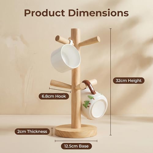 Elandy Wooden Mug Holder Tree with 6 Hooks Mug Stand Mug Rack Coffee Cup Holder Mug Hanger Tea Coffee Bar Organizer for Kitchen Counter and Display Dinnerware Storage