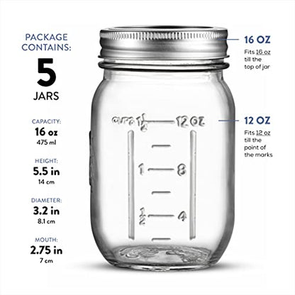 Paksh Novelty Mason Jars with Lids & Sealer - 5 Pack 16 Oz Regular Mouth Glass Canning Jars - Food Storage Container - Airtight Container for Pickling, Candles, Overnight Oats, Fruit Preserves - color: 16 Oz - 5 Pack - Regular