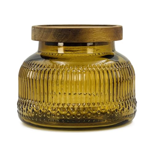 Decorative Amber Glass Jar with Airtight Wooden Lid 25.4 oz, Wide Mouth Vintage Kitchen Food Storage Container for Cookie Candy Honey Flour Spice Coffee Tea, Home Decor Sand Candle Holder Vase - size: 25.4 Ounces, style: Amber Ribbed