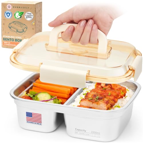 Everusely - Extra Large Stainless Steel Bento Box + Snap Lock Lid - 2 Compartments, 74.5 oz - Hot Food Metal Lunch Box - Leakproof Divided Meal Storage Container- Microwave, Oven, Refrigerator Safe - size: 2200mL