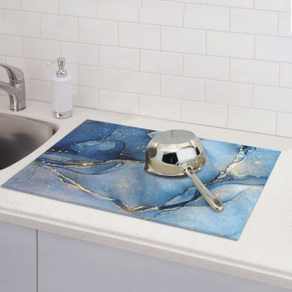 Marble Dish Drying Mat for Kitchen Counter Blue Gold Marble Drying Mat 18 x 24 Inch, Super Absorbent Reversible Microfiber Dish Drying Pad Dish Rack Pad Drainer Mat for Coffee Bar - color: Blue Gold Marble