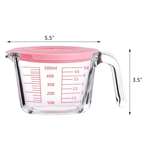 Glass Measuring Cups with Lids Set, Borosilicate Glass V-Shaped Spout Microwave Safe Scales Milk Cup for Cooking Baking (Pink, 2CUP) - color: Pink