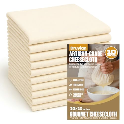 10 Pack Premium Cheesecloth, Grade 100 Cotton Cheese Cloth, Unbleached Extra Fine Mesh, Cheesecloth for Straining, for Cooking, Baking & Brewing, 20 x 20 Inches
