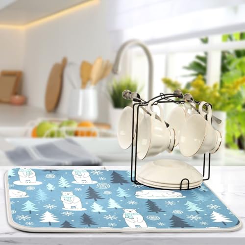 Polar Bears Trees Blue Dish Drying Mat for Kitchen Counter Super Absorbent Draining Mat with Non-slip Backed Drainer Mat for Countertops Sinks Draining Racks Dish Bottles Cups Bowl