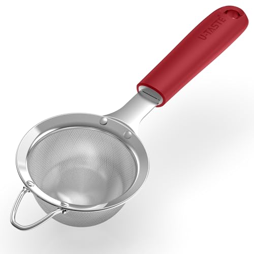 U-Taste Small Fine Mesh Strainer: 18/8 Stainless Steel 3.35in 30 Mesh Kitchen Food Sieve with Sturdy Riveted Silicone Handle, Heavy Duty Deep Handheld Metal Colander for Tea, Juice (Red) - color: (4) Red, size: S-3.35in