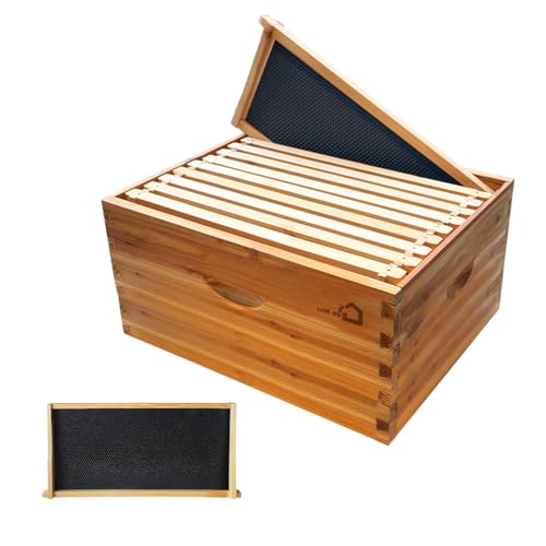10 Frame Deep Beehive Box, Beeswax Coated Cedarwood Langstroth Bee Hive for Beekeeping, Deep Brood Box with Frames and Foundations, Dovetail Joints