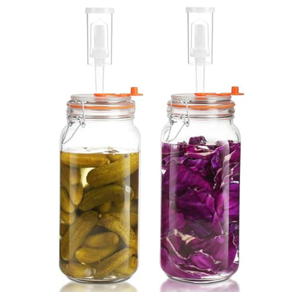 67 Oz Glass Fermentation Jars Kit - 2 Pack Kimchi Wide Mouth Fermenting Container with Airlocks, Sauerkraut Fermenter Making Set for Pickling Canning Sauce, Includes Recipes - size: 2 Pack 67 Oz