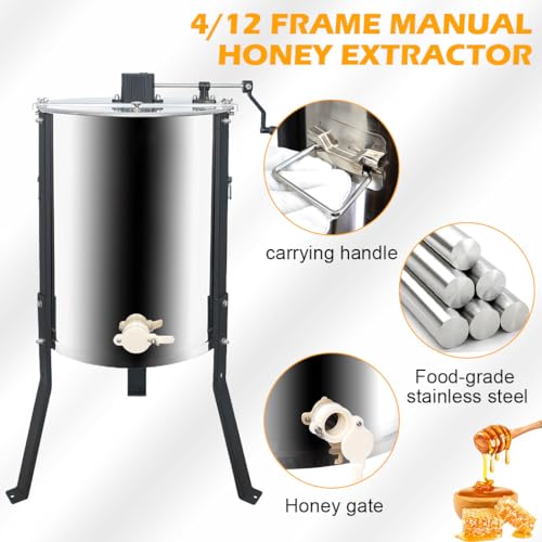 Honey Lake 4/12 Frame Manual Honey Extractor, Food Grade Stainless Steel Honeycomb Drum Spinner with Transparent Lid, Beekeeping Equipment for Honey Extraction with Height Adjustable Stand - size: 12 Frame Rack (4 Deep Frames)