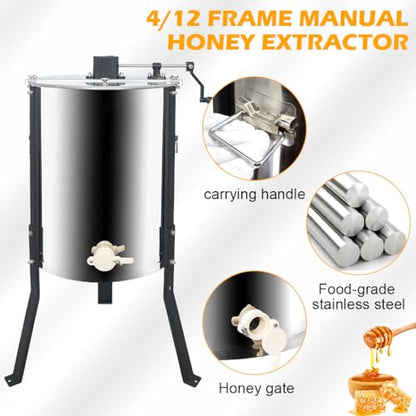 Honey Lake 4/12 Frame Manual Honey Extractor, Food Grade Stainless Steel Honeycomb Drum Spinner with Transparent Lid, Beekeeping Equipment for Honey Extraction with Height Adjustable Stand - size: 12 Frame Rack (4 Deep Frames)