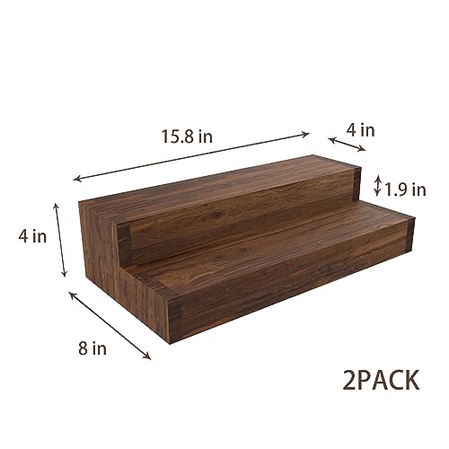 TONGMO 2 Pack Liquor Bottle Stand - 2 Tier Liquor Bar Bottle Display Shelf, Holds 16Bottles, Real Wood, Easy to Clean, No Installation Required - 15.8 Inch Each (Dark Walnut)