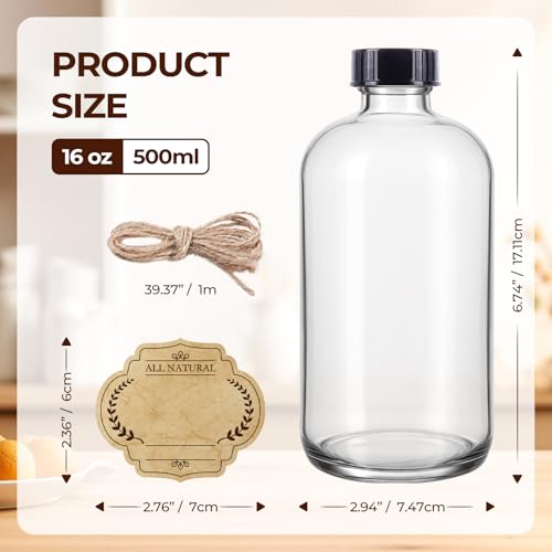 16 OZ Glass Bottles with Lids, 20 Pack Clear Boston Round kombucha Sample Bottles with Black Caps Perfect Glass Containers for Secondary Fermentation,Storing condiment,Homemade Essential Oils,kitchen - color: 20 P Clear