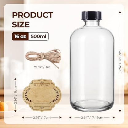16 OZ Glass Bottles with Lids, 20 Pack Clear Boston Round kombucha Sample Bottles with Black Caps Perfect Glass Containers for Secondary Fermentation,Storing condiment,Homemade Essential Oils,kitchen - color: 20 P Clear