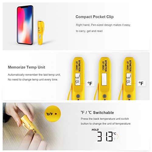 Mini Digital Infrared Thermometer - BTMETER BT-960C Temperature Pen with Pocket Clip Instant Read to 527℉ Auto Off for Meat Candy Cooking Food Grill Kitchen BBQ Candy Wine(NOT for Human Temp) - color: BT-960C 1 PACK (Yellow)