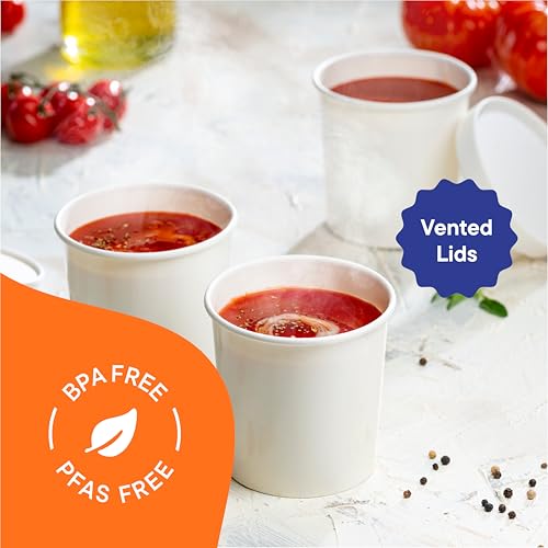 Stack Man Paper Food Container with Lid, Insulated Food Cups with Vented Lids - Hot or Cold To Go Soup Cup, for Soups, Ice Cream and Yogurt - Eco-Friendly - White - size: Bulk: 16 oz.