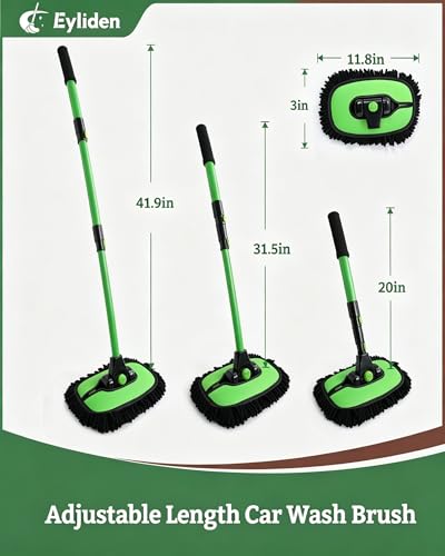 Eyliden Car Wash Brush Mop with Long Handle for Car Truck RV, Green | 90° Swivel Head with 45° Angle Lock, 2 Scratch-Free Microfiber Heads, Car Detailing Kit, 41.9" Adjustable Handle - color: Green & Black