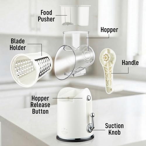Zulay Kitchen Rotary Cheese Grater 5 Blade Cheese Shredder - Manual Hand Crank Cheese Grater With Reinforced Suction & 5 Interchangeable Drums - Easy to Use, Vegetable Chopper Round Mandoline Slicer - color: Classic | White