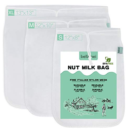 Nut Milk Bag Reusable 3 Pack Multi-size Food Strainer Nut Bags | for Straining Almond/Soy Milk Greek Yogurt Cold Brew Coffee Tea Beer Celery Juice Fine Nylon Mesh(8"x12"/10"x12"/13"x13") - size: 3 pack-8"x12"/10"x12"/13"x13"