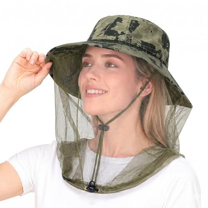 Wide Brim Bucket Sun Hat with Concealable Mosquito Mesh, Adjustable Chin Strap for Fishing, Gardening, Hiking & Camping - color: Tactic Green