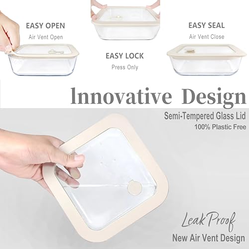 Urban Green Glass Food Container Set with Glass Lid, 6 Pack, Food Storage Containers Set, Airtight, LeakProof, Micowave Safe, 100% Plastic Free, Meal Prep Containers (White Color) - color: White Sand-6P