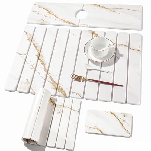 3 PCS Large Stone Dish Drying Mat for Kitchen Counter, Quick Dry Stone Dishes Mats, Sink Faucet Mat, Marble Water Absorbing Diatomaceous Earth Drying Pad for Countertop Tableware, Bottles - color: White Gold Marble