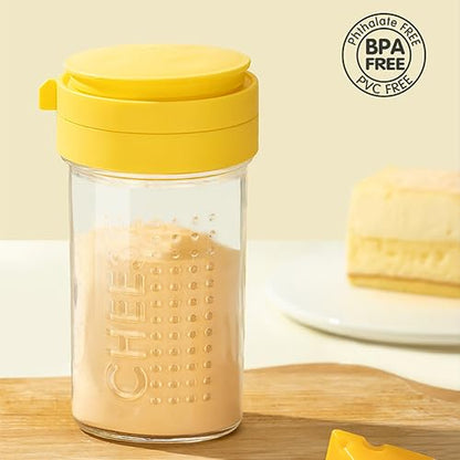 12-Ounce Glass Parmesan Cheese Shaker with Airtight Lid - Anti-Clogging Dispenser for Grated Cheese, Sugar, Matcha & Spices