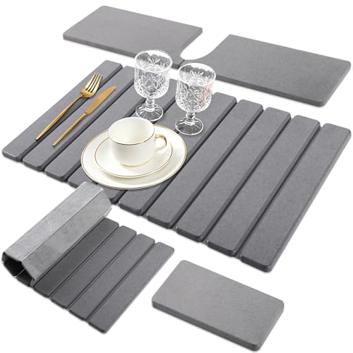 Diatomaceous Stone Drying Mat for Kitchen Counter with Sink Faucet Mat, Gray Absorbent Quick Dry Dish Drying Mat Set, Diatomite Stone Slat Countertop Pad for Dishes, Cups - color: Gray