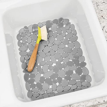 mDesign Adjustable Kitchen Sink Dish Drying Mat/Grid - Soft Plastic Sink Protector, Cushions Sink, Dishes - Quick Draining Pebble Design - Includes 1 Saddle, 2 Large Mats - Set of 3 - Light Gray Stone - color: Light Grey