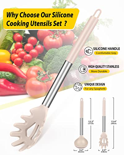 Silicone Pasta Fork and Ladle Spoon Set, Large Non Stick Kitchen Utensils for Cooking,Stirring,Serving Spaghetti, Soup, Sauce (KHAKI) - color: Khaki