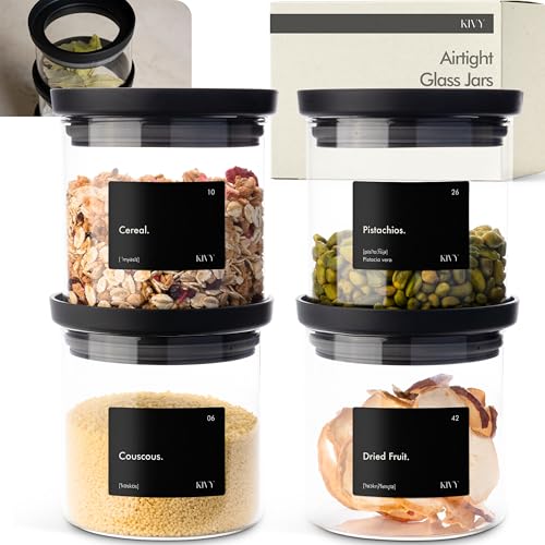 KIVY Airtight Glass Jars with Lids & Labels [4x 17oz] Stackable Glass storage jars with airtight lids - Black Glass Jars with airtight lid - Food Glass canisters with transparent lids - size: 17oz * 4