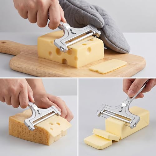 Cheese Slicer, Stainless Steel Cheese Cutter with 4 Extra Replacement Wires, Adjustable Handheld Cheese Slicers Cutters for Block Cheese Cheddar Gruyere Mozzarella, Kitchen Slicing Tools