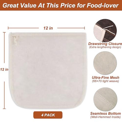 4 Pcs 12"x12" Nut Milk Bag, Nature Unbleached Cotton, Premium CheeseCloth Bags for Straining, Reusable Nut Bag Strainer for Making Almond & Nut Milks, Cold Brew, Yogurt, Juicing - color: Unbleached Cotton - 4 Pcs
