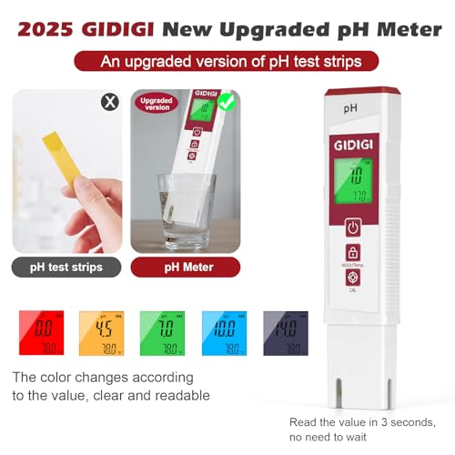 Digital pH Meter for Water with pH Strip ATC | pH Test Strip Function,PH Tester for Water, Pool, Hydroponic & Soil | Accurate PH Meter for Aquarium, Food & Plants