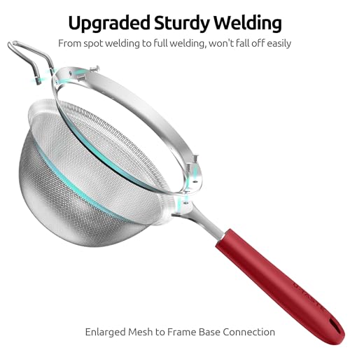 U-Taste Medium Fine Mesh Strainer: 18/8 Stainless Steel 4.73in 30 Mesh Kitchen Food Sieve with Sturdy Riveted Silicone Handle, Heavy Duty Deep Handheld Metal Colander for Rice, Quinoa, Flour (Red) - color: (4) Red, size: M-4.73in