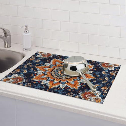 Mandala Flowers Dish Drying Mat for Kitchen Counter Microfiber Super Absorbent Non-Slip Dish Drying Pad for Countertops Dishes Utensils Stylish Quick-Dry Machine Washable 18x24 Inch - color: Mandala Flowers