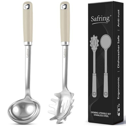 Safring Stainless Steel Soup Ladle and Spaghetti Spoon Set, Heat Resistant Rubber Handle, Dishwasher Safe, Kitchen Utensils for Cooking, Stirring, Serving Pasta, Soup & Sauce (Beige) - color: Beige