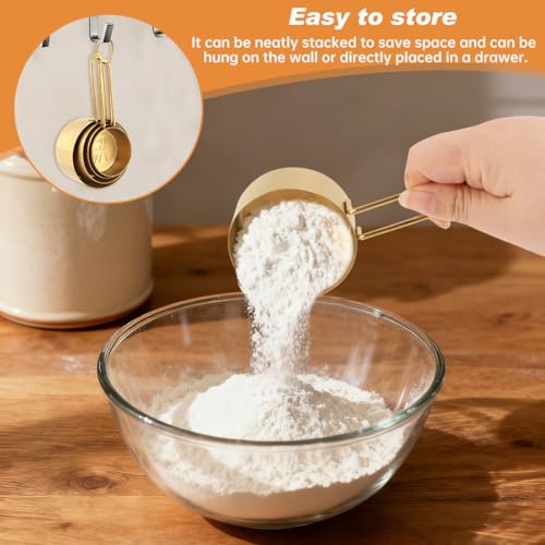 Gold Measuring Cups and Spoons, 13 Piece Stainless Steel | Double-sided design with engraved sizes, narrow end for spice jars, plus leveler for dry ingredients