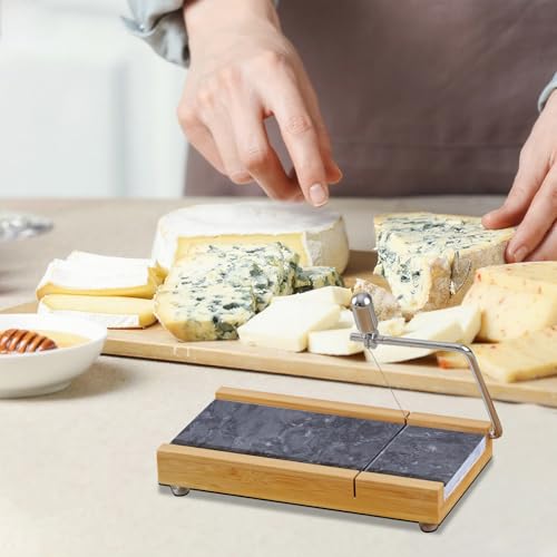 Tianman Cheese Slicer Cheese Cutter with 4 Replacement Cutting Wire,Heavy Duty 8.27"x 4.4",Marble Board Cheese Slicer for Block Cheeses, Butter,Cakes and More(Black Grey) - color: Black