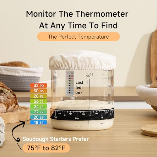HomeFeel Premium Sourdough Starter Jar - 50 oz Large Glass Jar with Bamboo Lid, Cloth Cover, Date Tracker, Thermometer and Scraper, Stylish Design and Wide Mouth Starter Kit - size: 50 Oz