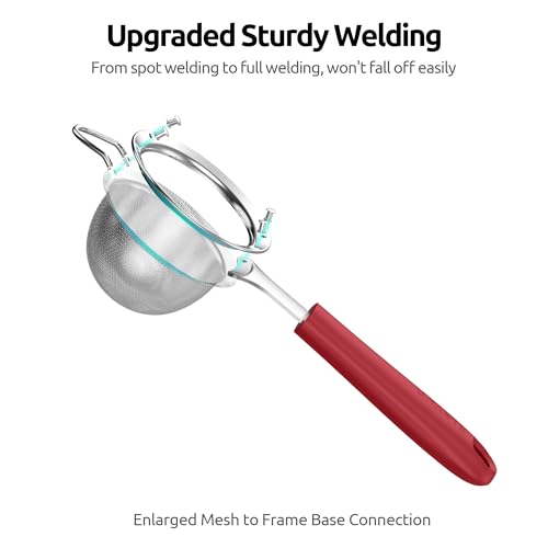 U-Taste Small Fine Mesh Strainer: 18/8 Stainless Steel 3.35in 30 Mesh Kitchen Food Sieve with Sturdy Riveted Silicone Handle, Heavy Duty Deep Handheld Metal Colander for Tea, Juice (Red) - color: (4) Red, size: S-3.35in