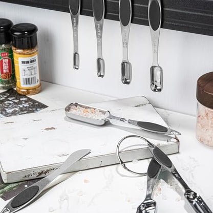 Magnetic Measuring Cups and Spoons Set, 7 Stainless Steel Measuring Cups and 7 Rectangular Metal Teaspoon with 1 Leveler for Cooking & Baking (Black) - color: Black