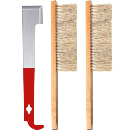 Mudder 3 Pcs Bee Hive Tools for Beekeeping, Stainless Steel J Hook and 2 Bee Brush, Beehive Brush Frame Lifter and Scraper Beekeeping Starter Kit for Beekeepers