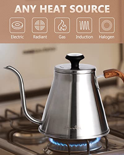 Harriet Gooseneck Kettle with Thermometer for Pour Over Coffee and Tea, 37 fl oz, Stainless Steel, Durable 3-Layer Base, Ideal Spout for Precision Pouring, Compatible with all Stove Tops - color: Stainless Steel